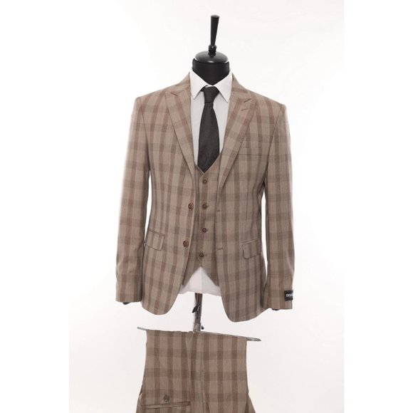 Derman Brown Square Patterned Fabric 3 Piece Double Breasted Suit - Picture 1 of 6